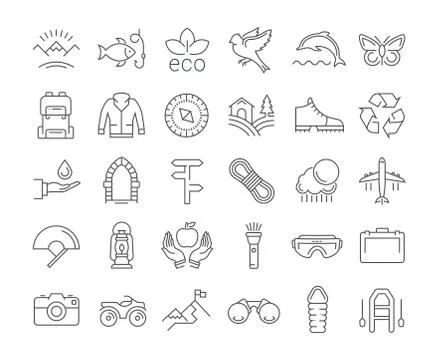 Set Vector Flat Line Icons Ecotourism Stock Illustration