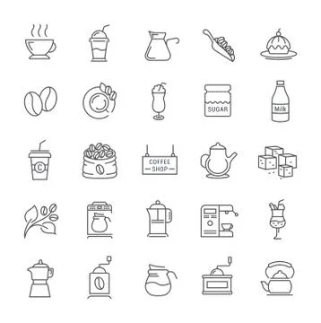 Set Vector Flat Line Icons Coffee 스톡 일러스트