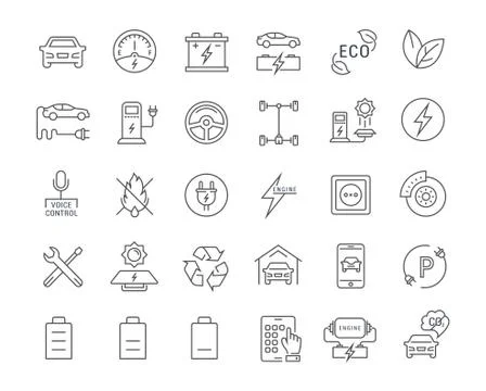 Set Vector Flat Line Icons Electric Cars Illustrazione stock