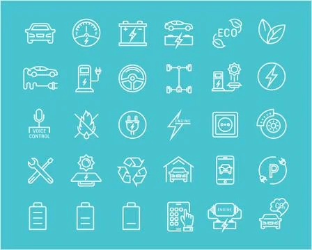 Set Vector Flat Line Icons Electric Cars Stock Illustration