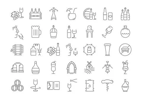 Set Vector Flat Line Icons Alcoholic Drinks Stock Illustration