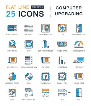 Set Vector Flat Line Icons Upgrading Computer Illustrazione stock
