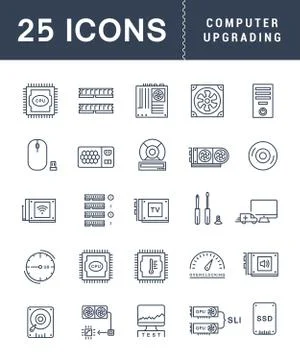 Set Vector Flat Line Icons Upgrading Computer Stock Illustration