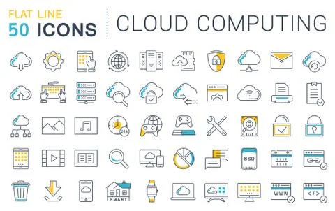 Set Vector Flat Line Icons Cloud Service Stockillustratie