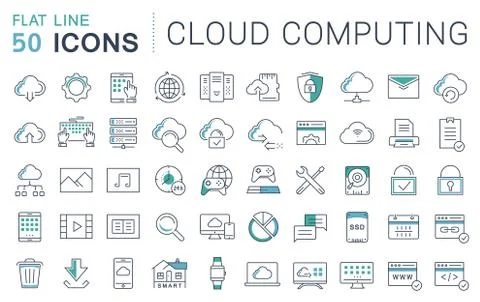 Set Vector Flat Line Icons Cloud Service Stockillustratie