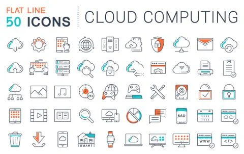 Set Vector Flat Line Icons Cloud Service Illustrazione stock