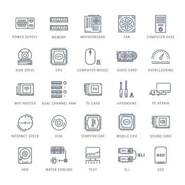 Set Vector Flat Line Icons Upgrading Computer Illustrazione stock