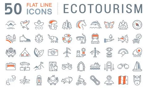 Set Vector Flat Line Icons Ecotourism Illustrazione stock