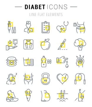 Set Vector Flat Line Icons Diabet Stock Illustration