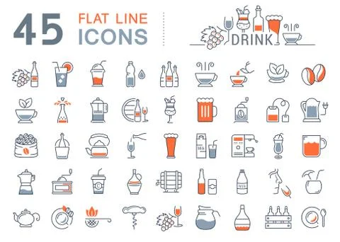 Set Vector Flat Line Icons Drinks and Alcohol Stock Illustration