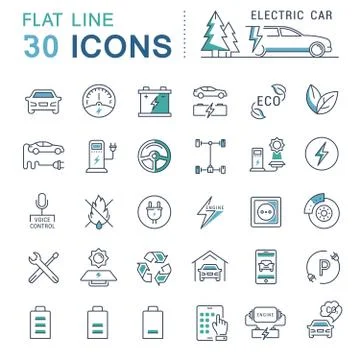 Set Vector Flat Line Icons Electric Cars Stock Illustration