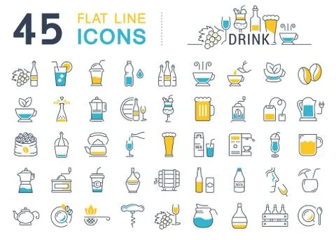Set Vector Flat Line Icons Drinks and Alcohol 스톡 일러스트