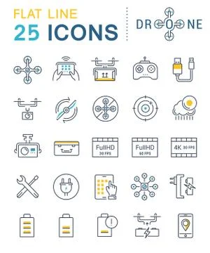 Set Vector Flat Line Icons Drones Stock Illustration