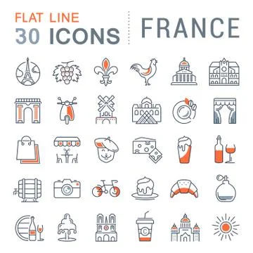 Set Vector Flat Line Icons France and Paris Stock Illustration