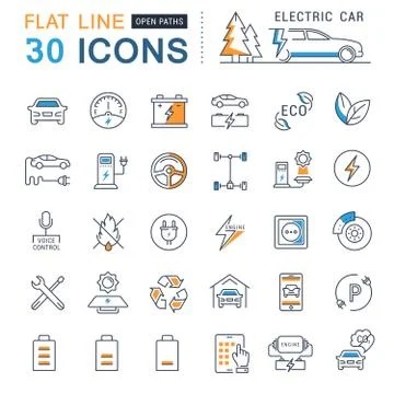 Set Vector Flat Line Icons Electric Cars Stock Illustration