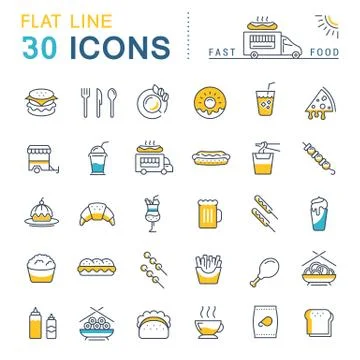 Set Vector Flat Line Icons Fast Food and Junk Food Stock Illustration