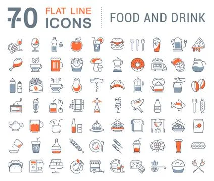 Set Vector Flat Line Icons Drinks and Food Stock Illustration