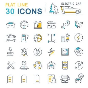 Set Vector Flat Line Icons Electric Cars Illustrazione stock