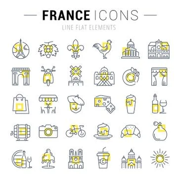 Set Vector Flat Line Icons France and Paris Stock Illustration