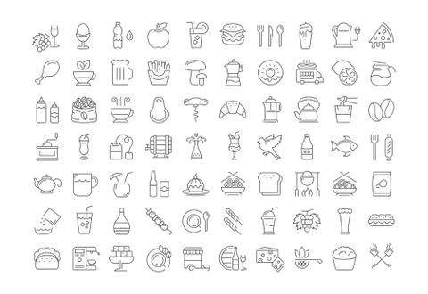 Set Vector Flat Line Icons Drinks and Food Stock Illustration
