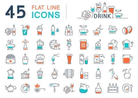 Set Vector Flat Line Icons Drinks and Alcohol Stock Illustration
