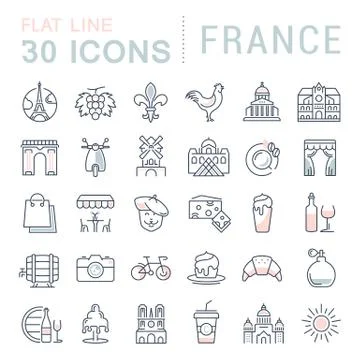 Set Vector Flat Line Icons France and Paris Stock Illustration