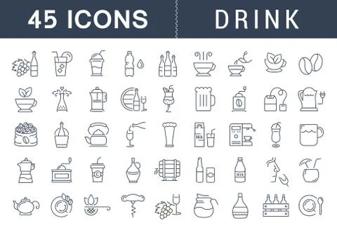 Set Vector Flat Line Icons Drinks and Alcohol 스톡 일러스트