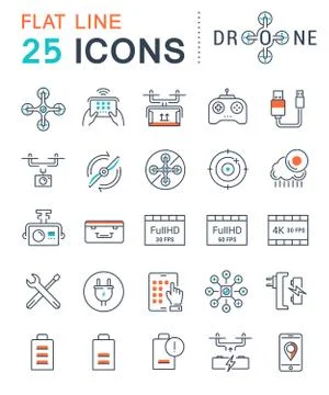Set Vector Flat Line Icons Drones Illustrazione stock