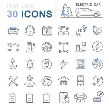 Set Vector Flat Line Icons Electric Cars Stock Illustration