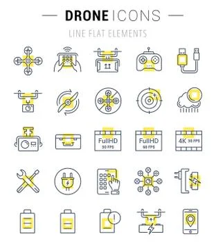 Set Vector Flat Line Icons Drones 스톡 일러스트