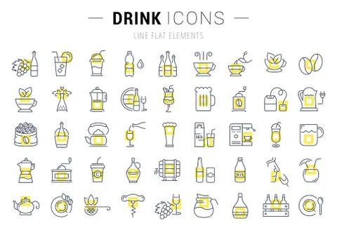 Set Vector Flat Line Icons Drinks and Alcohol Stock Illustration