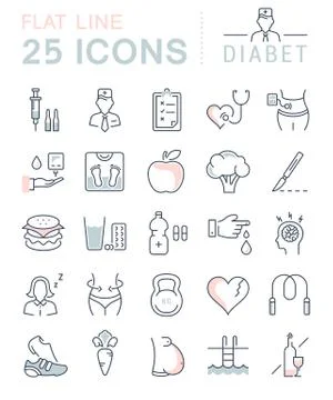 Set Vector Flat Line Icons Diabet Stock Illustration