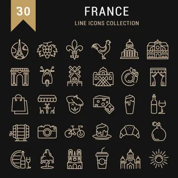 Set Vector Flat Line Icons France and Paris Stock Illustration