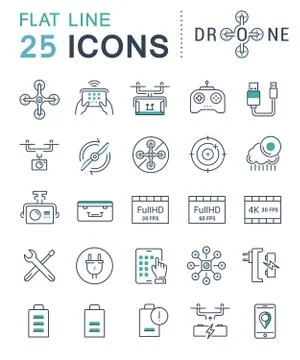 Set Vector Flat Line Icons Drones Illustrazione stock