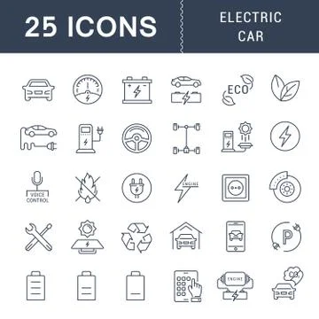 Set Vector Flat Line Icons Electric Cars Stock Illustration