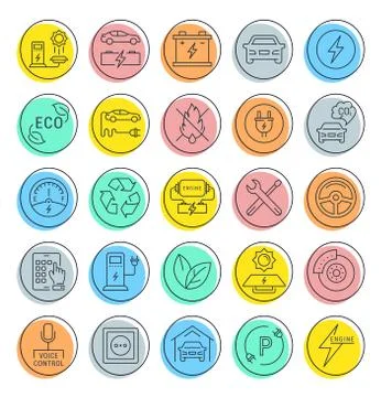 Set Vector Flat Line Icons Electric Cars Stock Illustration