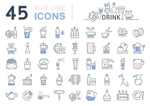Set Vector Flat Line Icons Drinks and Alcohol Stock Illustration