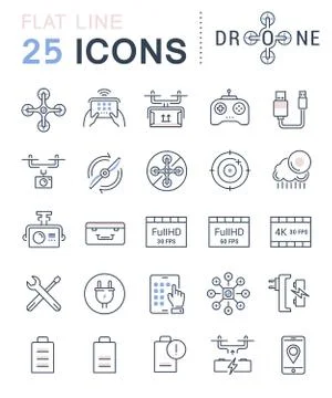 Set Vector Flat Line Icons Drones Illustrazione stock