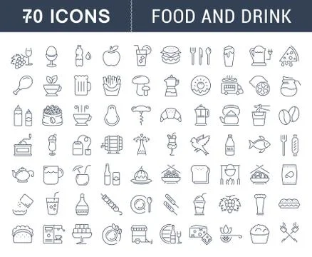 Set Vector Flat Line Icons Drinks and Food Stock Illustration