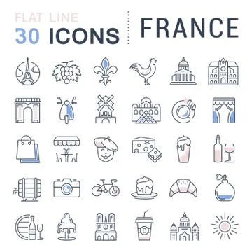 Set Vector Flat Line Icons France and Paris Stock Illustration