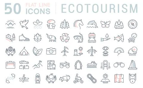 Set Vector Flat Line Icons Ecotourism Ilustración de archivo