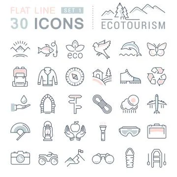 Set Vector Flat Line Icons Ecotourism Stock Illustration