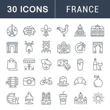 Set Vector Flat Line Icons France and Paris Stock Illustration