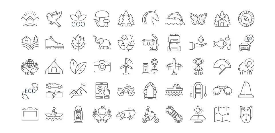 Set Vector Flat Line Icons Ecotourism Stock Illustration
