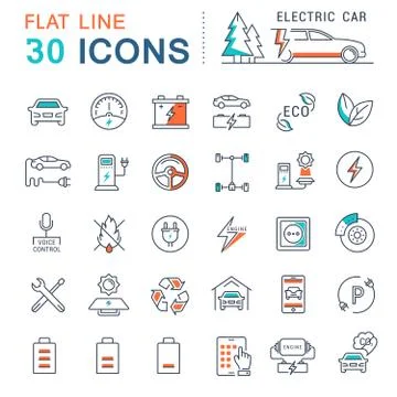 Set Vector Flat Line Icons Electric Cars Illustrazione stock