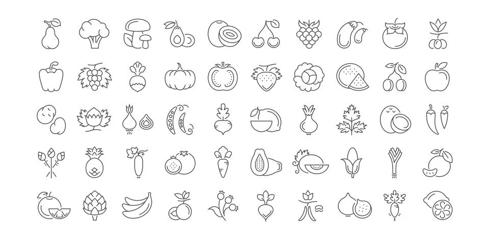 Set Vector Flat Line Icons Vegetables and Fruit Stock Illustration