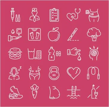 Set Vector Flat Line Icons Diabet Stock Illustration