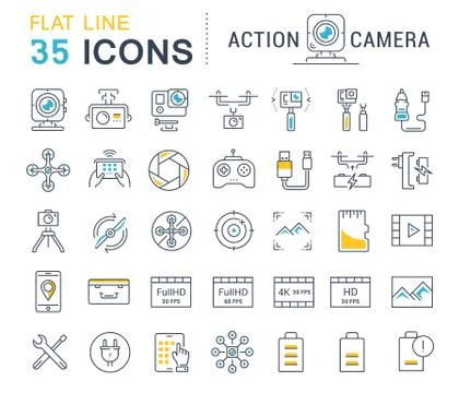 Set Vector Flat Line Icons Action Camera Stock Illustration