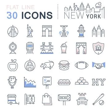 Set Vector Flat Line Icons New York and USA Ilustração Stock Gratuita