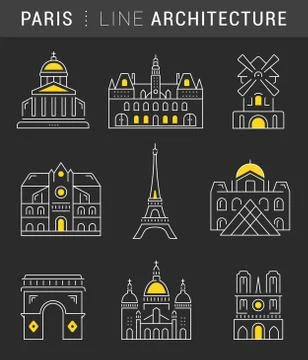 Set Vector Flat Line Icons Paris Architecture Stock Illustration